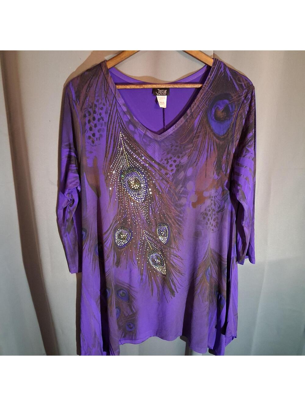 Jostar Purple Peacock Feather Print Stretch Tunic Top Size M